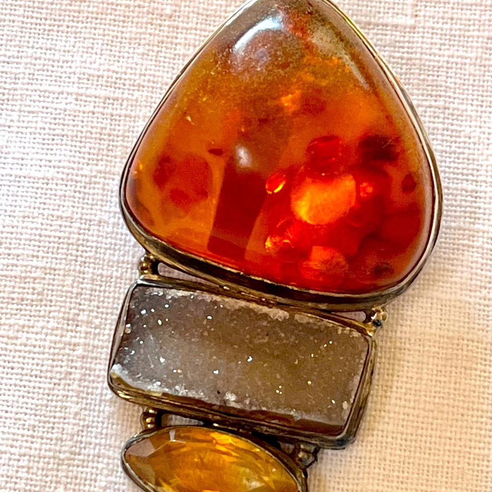 Large Vintage Sterling Pendant Amber Druzy Citrine Colored Stones Stamped